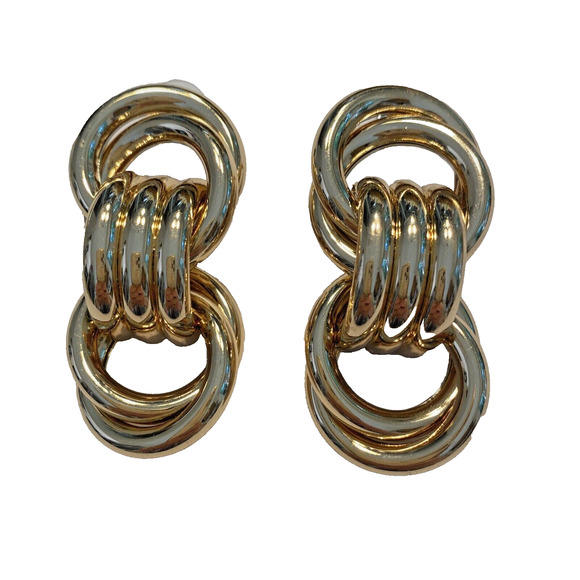 Vintage 1980’s Pierced Earrings Statement Runway Gold Chunky Tubular Chains - Picture 8 of 10